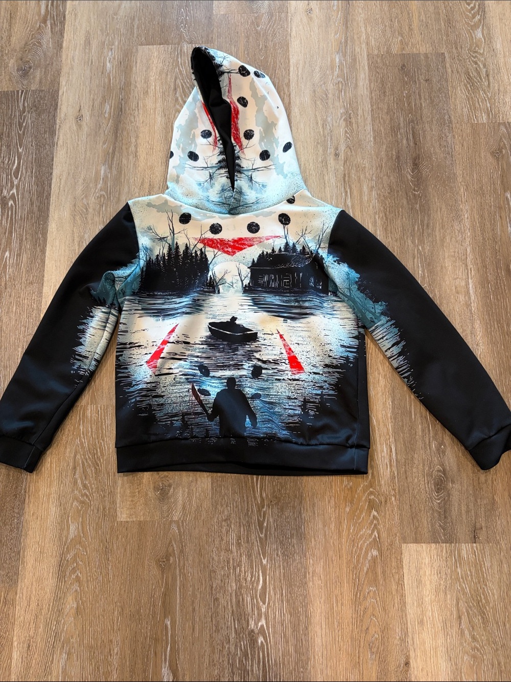 Kids Hooded Pullover Friday the 13th Hoodie in Black & White with Red Accents